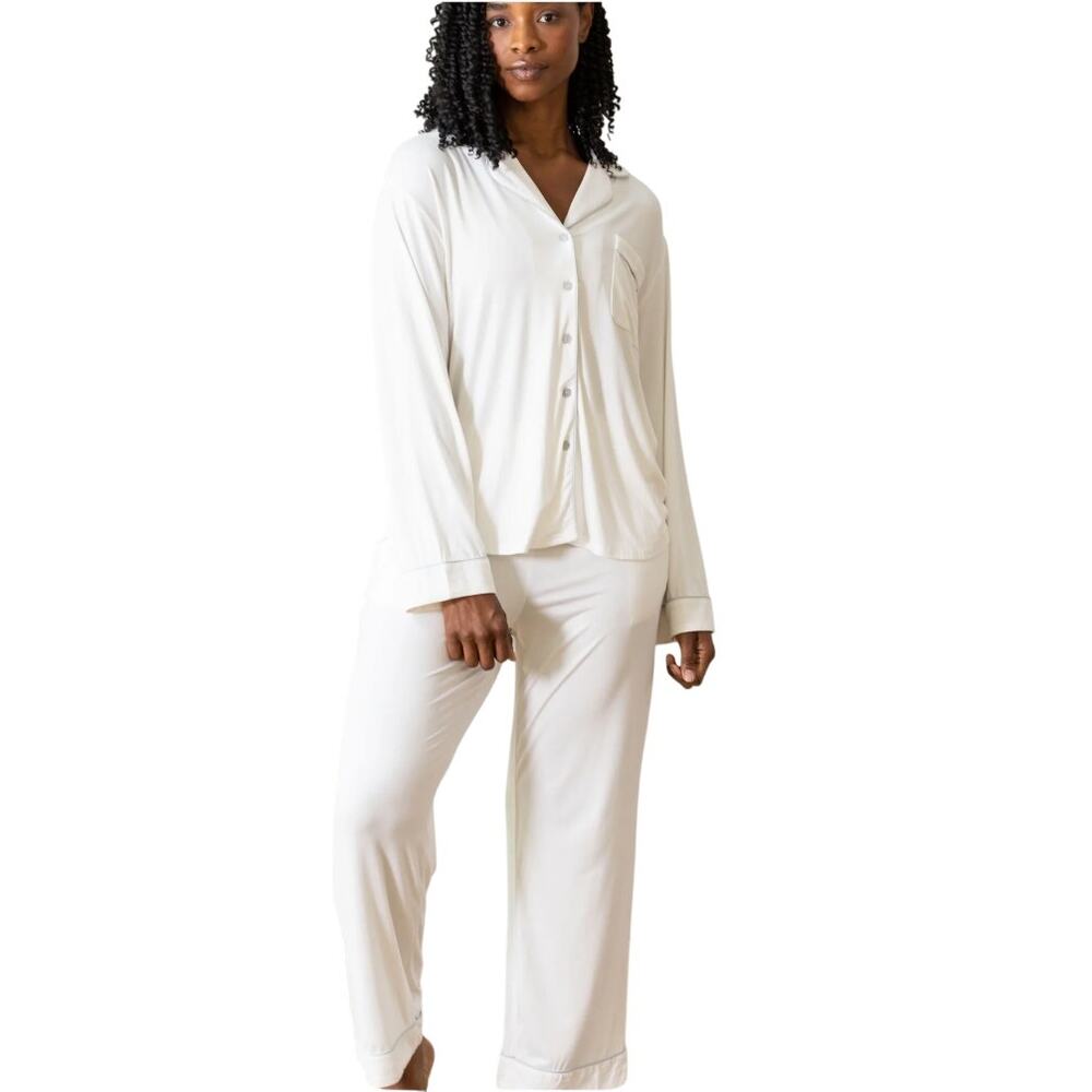 Cozy Earth Bamboo White Long Sleeve PJ Top and Bottom Set  SMALL